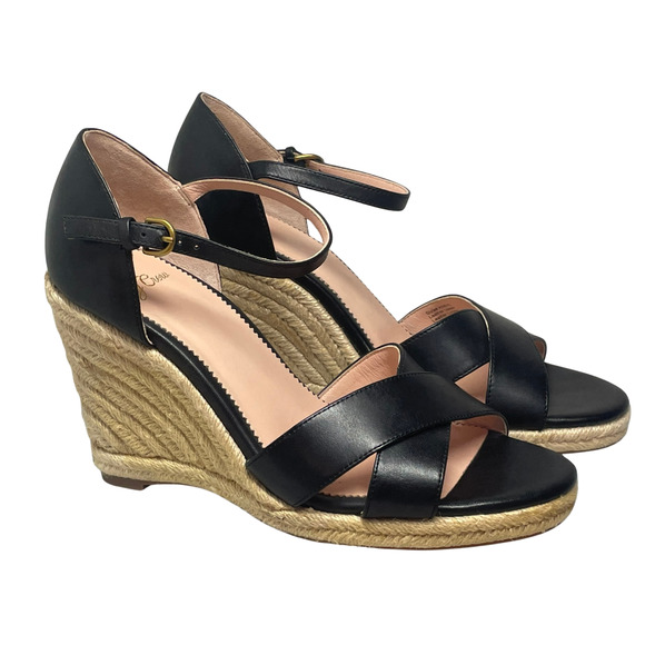 J Crew Sz 10 Jute Espadrille Wedge Sandals 4"H Ankle Strap Black Leather AN870 - Picture 1 of 10